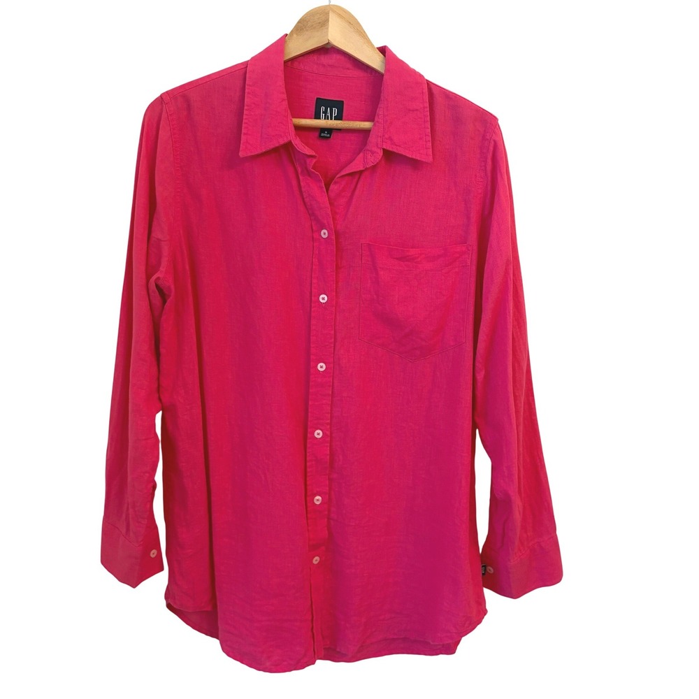 GAP Linen Blend Button Up Shirt Women S Relaxed Boyfriend Beach Magenta Hot Pink